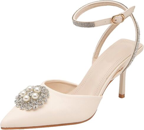 getmorebeauty Women's Stiletto High Heels Slingback Pumps Pearls Sandals Pointed Toe Ankle Strap Wedding Bridal Shoes in Kuwait