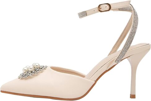 getmorebeauty Women's Stiletto High Heels Slingback Pumps Pearls Sandals Pointed Toe Ankle Strap Wedding Bridal Shoes in Kuwait