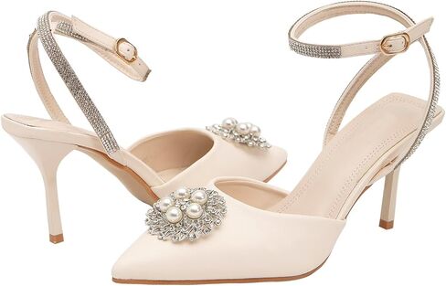 getmorebeauty Women's Stiletto High Heels Slingback Pumps Pearls Sandals Pointed Toe Ankle Strap Wedding Bridal Shoes in Kuwait