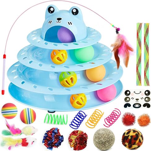 Suhaco 26 Pack Cat Toys Interactive for Indoor Cats Kitten Toy Fun Roller 4 Level Cat Teaser Ball Toys with 4 Colorful Balls Cat Feather Wand Kitty Toy Set for Boredom (Blue) in Saudi Arabia