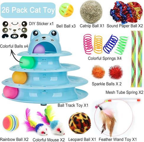 Suhaco 26 Pack Cat Toys Interactive for Indoor Cats Kitten Toy Fun Roller 4 Level Cat Teaser Ball Toys with 4 Colorful Balls Cat Feather Wand Kitty Toy Set for Boredom (Blue) in Saudi Arabia