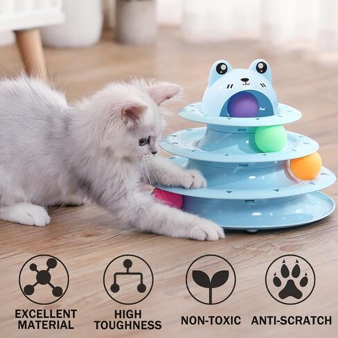 Suhaco 26 Pack Cat Toys Interactive for Indoor Cats Kitten Toy Fun Roller 4 Level Cat Teaser Ball Toys with 4 Colorful Balls Cat Feather Wand Kitty Toy Set for Boredom (Blue) in Saudi Arabia