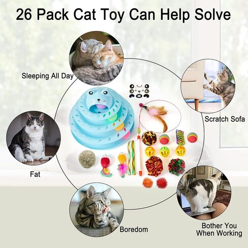 Suhaco 26 Pack Cat Toys Interactive for Indoor Cats Kitten Toy Fun Roller 4 Level Cat Teaser Ball Toys with 4 Colorful Balls Cat Feather Wand Kitty Toy Set for Boredom (Blue) in Saudi Arabia