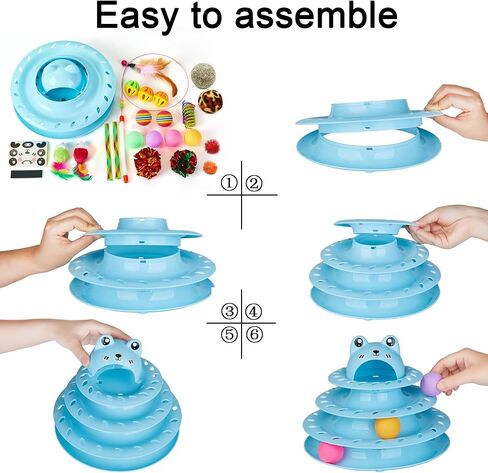 Suhaco 26 Pack Cat Toys Interactive for Indoor Cats Kitten Toy Fun Roller 4 Level Cat Teaser Ball Toys with 4 Colorful Balls Cat Feather Wand Kitty Toy Set for Boredom (Blue) in Saudi Arabia