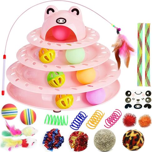 Suhaco 26 Pack Cat Toys Interactive for Indoor Cats Kitten Toy Fun Roller 4 Level Cat Teaser Ball Toys with 4 Colorful Balls Cat Feather Wand Kitty Toy Set for Boredom (Blue) in Saudi Arabia