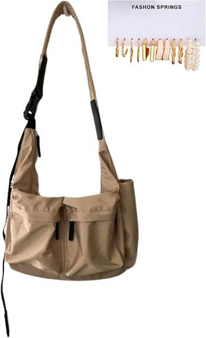 Women Nylon Crossbody Bag Casual Shoulder Handbag Tote Bag Fashionable Sling Bag Multipocket with Bonus set of earrings in Saudi Arabia