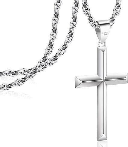 925 Sterling Silver Cross Necklace Beveled Edge for Men Women 3mm Stainless Steel Diamond Cut Durable Wheat Chain Crucifix Pendant Necklace Jewelry 16-28 Inches in Saudi Arabia