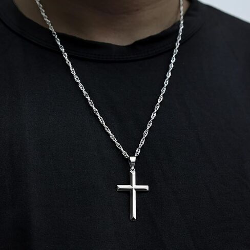 925 Sterling Silver Cross Necklace Beveled Edge for Men Women 3mm Stainless Steel Diamond Cut Durable Wheat Chain Crucifix Pendant Necklace Jewelry 16-28 Inches in Saudi Arabia