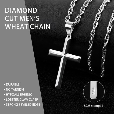 925 Sterling Silver Cross Necklace Beveled Edge for Men Women 3mm Stainless Steel Diamond Cut Durable Wheat Chain Crucifix Pendant Necklace Jewelry 16-28 Inches in Saudi Arabia