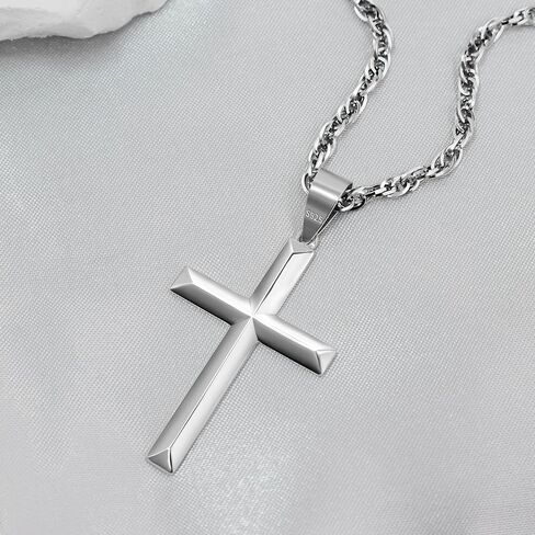 925 Sterling Silver Cross Necklace Beveled Edge for Men Women 3mm Stainless Steel Diamond Cut Durable Wheat Chain Crucifix Pendant Necklace Jewelry 16-28 Inches in Saudi Arabia