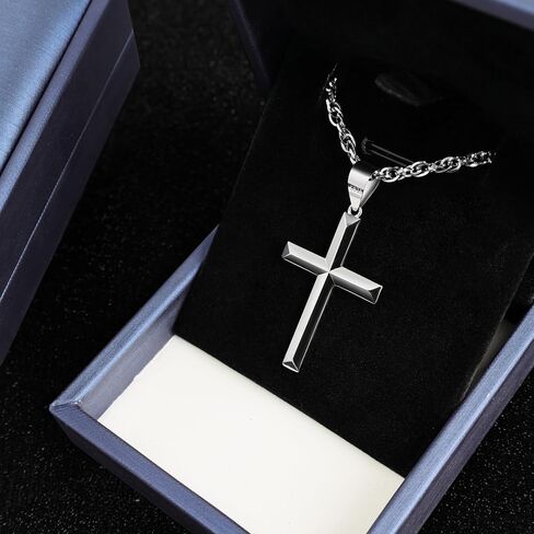925 Sterling Silver Cross Necklace Beveled Edge for Men Women 3mm Stainless Steel Diamond Cut Durable Wheat Chain Crucifix Pendant Necklace Jewelry 16-28 Inches in Saudi Arabia