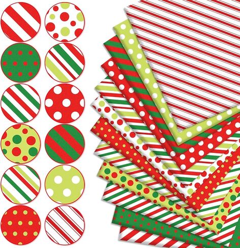Whaline 12Pcs Christmas Cotton Fabric Bundles Red Green Stripe Dot Printed Fat Quarters Xmas Sewing Fabrics for DIY Handmade Crafting, 18 x 22 Inch in Saudi Arabia