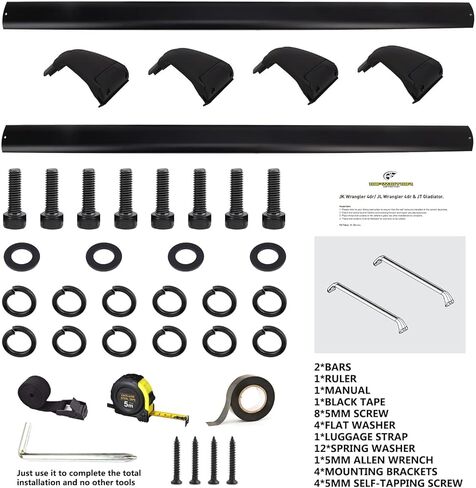 قضبان السقف المتقاطعة متوافقة مع Jeep Wrangler JK JL Gladiator JT 2007-2023 4 أبواب صلبة، حامل الأمتعة على السطح لدراجة الكاياك على الجليد in Kuwait