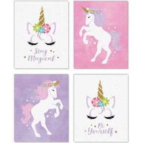 Big Dot of Happiness Rainbow Unicorn - Unframed Magical Unicorn Nursery and Kids Room Linen Paper Wall Art - Set of 4 - Artisms - 8 x 10 inches