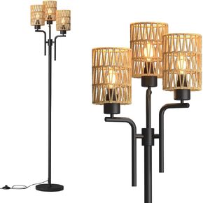 Rattan Floor Lamp, Boho Style Standing Lamp with Foot Switch, 3 Head E26 Universal Sockets, Metal Standing Floor Lamp for Living Room, Bedroom (Bulb Not Included)