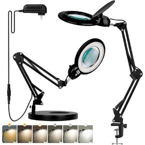 10X Magnifying Glass with Light and Stand, KIRKAS Upgrade Infinite Color Modes & Stepless Brightness LED Magnifying Lamp with Clamp, 2 in 1 Lighted Magnifier Lamp for Craft Reading Hobby Close Work