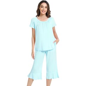 NACHILA Women's Pajamas Set-Viscose made from Bamboo, Short Sleeve Pjs with Capri Pants Pleated Loungewear Sets