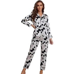 WDIRARA Women's Sleepwear Cow Print Button Front Shirt and Pants 2 Piece Satin Pajama Set