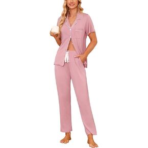 Samring Women's Short Sleeve Shirt and Pajama Pant Pj Set Button Down Sleepwear 2 Piece Sleep Set for Women