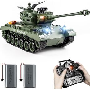 1:18 RC Tank, 2.4Ghz US M26 Pershing Remote Control Model Toys, RC Vehicle Army Tank That Shoots BBS and Water Bombs, Military Toy for Adults and Kids with Smoke, Lights, Sound and Recoil
