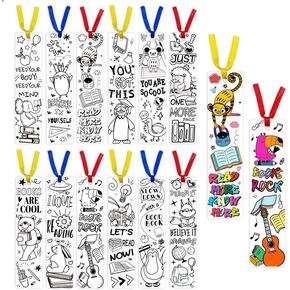 60 PCS Color Your Own Bookmarks for Kids Cartoon Animals Coloring Bookmarks for Kids 12 Designs Students Double-Sided Coloring Paper Bookmarks with Hanging Ribbon