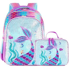 Reversible Sequin School Backpack Little Kid Girls Backpack With Lunch Bag for Toddler Preschool Kindergarten Elementary(15",Mermaid with Lunch Bag)