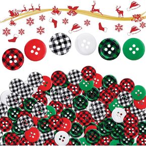PAGOW 210Pcs Christmas Wooden Buttons, Buffalo Plaid Round Black Red White Green Buttons, 4 Holes Plaid Craft Buttons Bulk for Sewing DIY Decorations