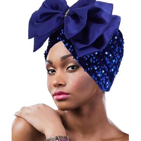 Urieo Head Wrap Bow Turban Sequin Beanie Headwrap Hat Pre-Tie Head Scarf for Women Blue