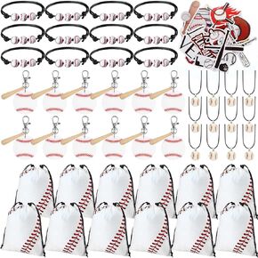 Cholemy 98 Pcs Baseball Party Favors Acrylic Baseball Key Chain with Wooden Bat Baseball Gifts for Team Baseball Drawstring Bag Stickers Charm Bracelets Necklace for Sports Baseball Party Supplies