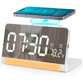 Digital Alarm Clock with Wireless Charger Station for Bedroom, Heavy Sleepers Adults Teen,Dimmable Alarm Clock with Sound Control Function,Dual Alarm,Temperature Display (White B)