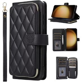 Miagon Case for Samsung Galaxy A35 5G,Zipper Purse Wallet Cover with Wristlet Wrist Strap Fold PU Leather Stand Credit Card Holders Folio Case Black
