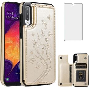 Phone Case for Samsung Galaxy A50 with Tempered Glass Screen Protector and Card Holder Wallet Cover Stand Flip Leather Cell Accessories Glaxay A 50 Gaxaly S50 50A SM A505G Cases Women Men Black