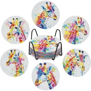 GHHKUD 6Pcs Giraffe Diamond Painting Coasters, DIY Life Coasters Animals Diamond Art Coasters Kits for Adults Kids, Full Drill 5D Coloful Diamond Painting Coasters with Holder Cork Pad for Home