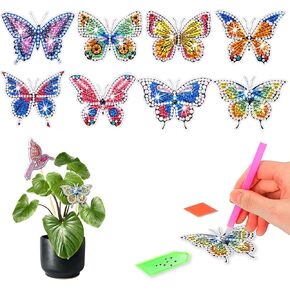 CharySim 8 Pc Diamonds Art Butterfly Diamond Art Kit Adults Crystal Art Kit Kid Personalised Diamond Art Garden Butterflies Stakes with Art Accessories Tools Gifts for Craft Lovers Women Girls