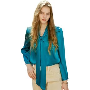 Silk Blouses for Women Long Sleeve Women's 100% Pure Silk Bow-tie Neck Blouse Luxury Button Down Elegant Shirts
