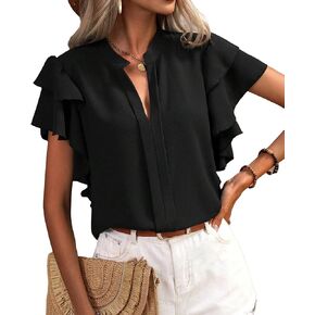 Women's Summer Chiffon Tops Trendy V Neck Curtain Ruffle Short Sleeve Shirts Dressy Casual Outfit Blouse