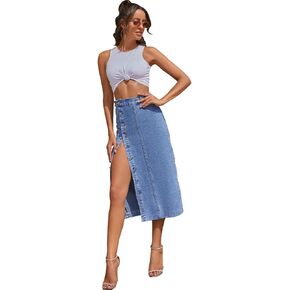 Women Denim Skirts with Pockets Button Front Denim Long Split Skirt Midi Length A Line Denim Pencil Skirt Denim Blazer top