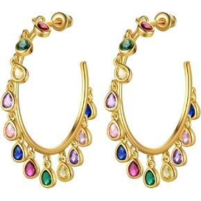 beautlace Colored Zircon Geometric Drip tassel Stud Earrings 18K Gold Plated Round Hoop with Colorful Zirconia Jewelry for Women