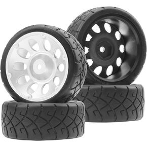 ShareGoo RC 1/10 On Road Tires OD2.55 Rubber & Plastics Wheel Rims 12mm Hex Compatible with HSP Tamiya TT01 XV01 Kyosho WR8 Sakura WLtoys Traxxas 1/10 RC On-Road Racing Touring Car
