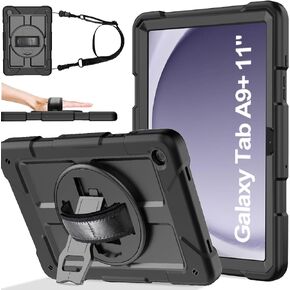 BMOUO Case for Samsung Galaxy Tab A9+/A9 Plus Case 11" 2023 (SM-X210/X216/X218), Shockproof Galaxy Tab A9 Plus Case with Rotating Stand and Hand/Shoulder Strap, Black