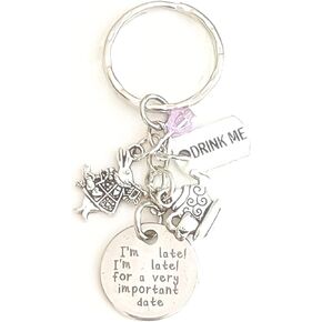 I'm Late, I'm Late for a Very Important Date White Rabbit Alice in Wonderland Drink Me Silver Charm Keychain Accessories Gift | Merchandise for Women