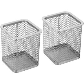PATIKIL Mesh Pen Holder, 2 Pack Pencil Holder Pencil Basket Pen Cup Locker Organizer Square Makeup Brush Holder for Desk Accessories, Silver