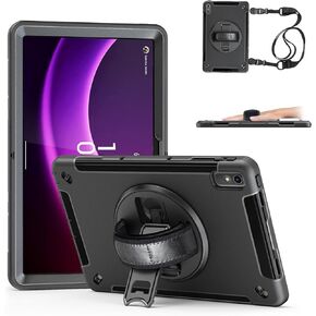 Protective Case for Lenovo Tab P11 2nd Gen Case 2023 (TB350FU/TB350XU) 11.5 Inch, Shockproof Rugged Hard Shell Case with Built-in Screen Protector/Kickstand/Hand Strap/Shoulder Strap-Black