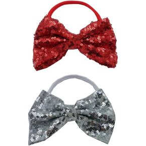 ربطة شعر على شكل فيونكة حمراء للفتيات الصغيرات، إكسسوارات رباط شعر مرن لامع من الترتر للأطفال حديثي الولادة (أحمر، فضي) in Kuwait