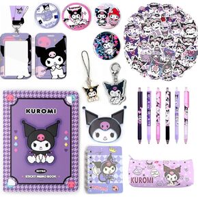 Cute Kuromi School Supplies Set Kawaii Office Supplies Gift Set Including Gel Ink Roller Pens Booklet Pencil Case ID Badge Stickers Button Pins Key Chain Phone Chain Phone Ring Holder