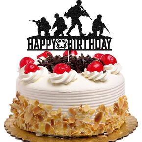 Soldier Military Happy Birthday Cake Topper, Retirement Military Party, Military Themed Party Decorations for Kids Boys Men Black Glitter