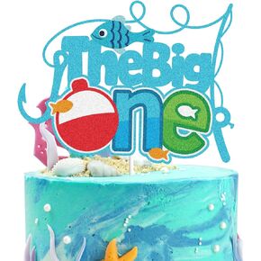 The Big One Happy Birthday Cake Topper Fishing Blue Glitter Happy 1st Birthday One Year Old Gone Little Fisherman Cake Decoration Bobber Fish Man Fishery Pole Fisher Birthday Party Supplies