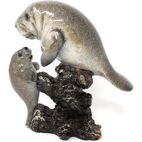 Nautical Grey Manatee Statue Figiurine with Baby Manatee Above Rocks WW-394