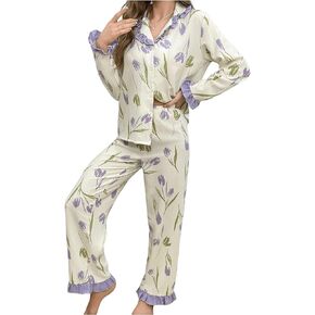 Verdusa Women's 2 Piece Pajama Sets Ruffle Trim Long Sleeve Button Up Shirt with Pants