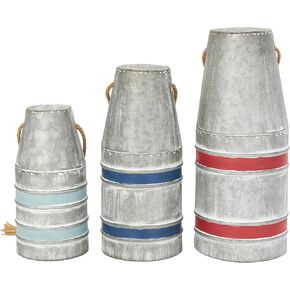 Deco 79 Metal Buoy Decorative Sculpture Striped Home Decor Statues with Rope Handles, Set of 3 Accent Figurines 12", 10", 8" H, Gray